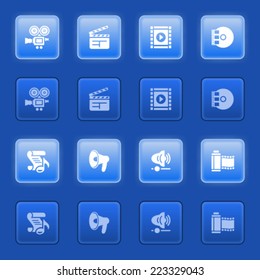 Audio video icons for web on blue buttons.