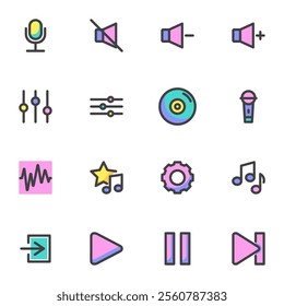 Audio video interface filled outline icons set, line vector symbol collection, linear colorful pictogram pack. Signs, logo illustration, Set includes icons as media player interface, button, equalizer