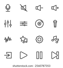 Audio video interface line icons set, outline vector symbol collection, linear style pictogram pack. Signs, logo illustration. Set includes icons as media player interface, play button, equalizer