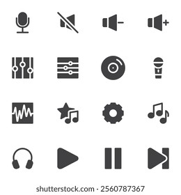 Audio video interface vector icons set, modern solid symbol collection, filled style pictogram pack. Signs, logo illustration. Set includes icons as media player interface, play button, equalizer