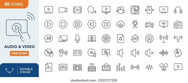 Audio and Video Line Editable Icons set. Audio and Video icons Pixel perfect. Contains such Icons as Personal Stereo, Movie, Camera, Play Button and more