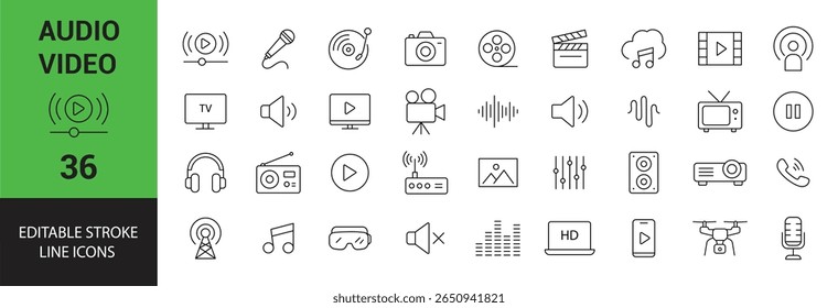 Audio and Video Line Editable Icons Set. Microphone, Speaker, Camera, Music, Play Button, TV, Podcast, Drone, and More. Vector Illustration.