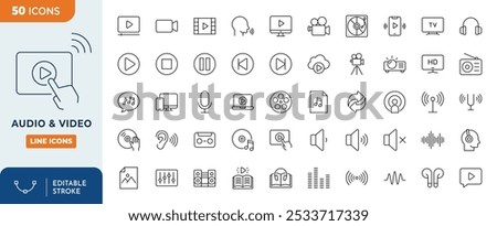 Audio and Video Line Editable Icons set. Audio and Video icons Pixel perfect. Contains such Icons as Personal Stereo, Movie, Camera, Play Button and more