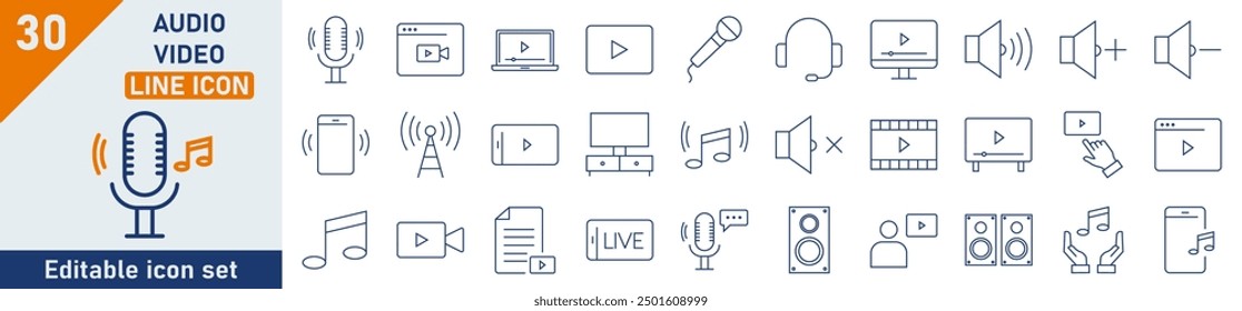 Symbolsatz für Audio-Videozeile. Set von 30 Umrisssymbolen in Bezug auf Film, Mikro, Setup, Mikrofon. Lineare Symbolsammlung. Sammlung von Audio-Video-Gliederungssymbolen. Bearbeitbarer Strich. Vektorgrafik.