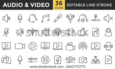 Audio and Video Line Icon Set. Pixel Perfect and Outline Editable Stroke Icons collection for Sound, Speaker, Music, Microphone, Multimedia, Equalizer, and Audio Tools