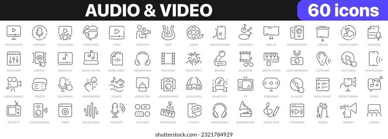 Colección de iconos de línea de audio y video. Cine, música, películas, streaming, íconos de instrumentos. conjunto de iconos de la interfaz de usuario. Paquete de iconos de contorno delgado. Ilustración del vector EPS10