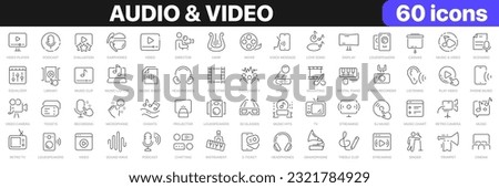 Audio and video line icons collection. Cinema, music, movie, streaming, instruments icons. UI icon set. Thin outline icons pack. Vector illustration EPS10