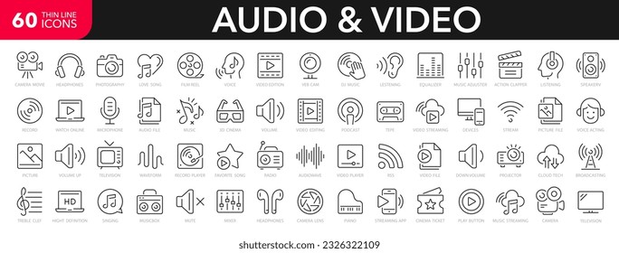 Audio and Video line icons set. Media outline icons collection. Music, camera, microphone, webcam, earphones, cinema, television - stock vector.