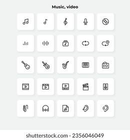 Audio and video line icons set. Notes, microphone, guitar, saxophone, piano and musical instruments