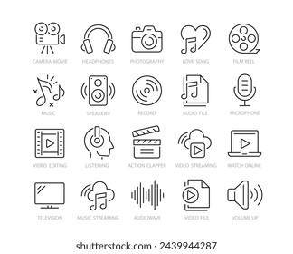 Audio and Video line icons set. Media outline icons collection. Music, camera, microphone, webcam, earphones, cinema, television - stock vector.