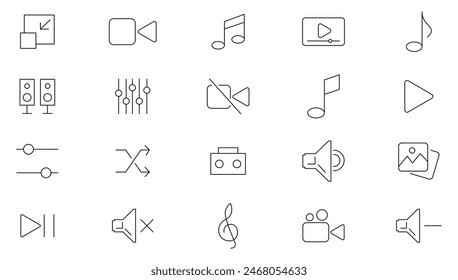 Audio and Video line icons set. Media, camera movie, voice, radio, music streaming, photography, headphones, cinema, podcast, broadcasting, content outline icon collection. Outline icon pack.