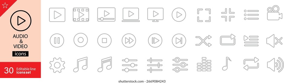 Audio and Video Line Icons. Set of 30 outline icons including audio, video, music player, shoot, volume, speed booster, and controls. Vector illustration. Editable stroke. Perfect for infographics.