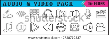 Audio and video media control icons set, Minimal line icon pack showing audio and video controls, media devices, and playback symbols for apps, interfaces, and digital content design.

