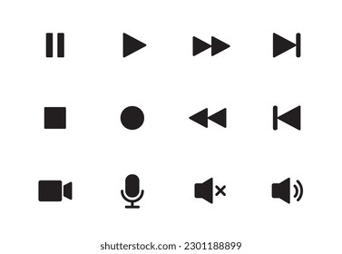 Audio, video, music player button icon. Sound control, play, pause button solid icon set. Camera, media control, microphone interface pictogram. Vector illustration.