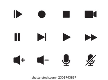 Audio, video, music player button icon. Sound control, play, pause button solid icon set. Camera, media control, microphone interface pictogram. Vector illustration.