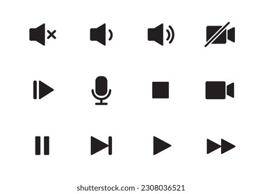 Audio, video, music player button icon. Sound control, play, pause button solid icon set. Camera, media control, microphone interface pictogram. Vector illustration.