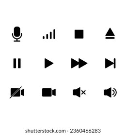 Icono de botón de audio, vídeo, reproductor de música. Control de sonido, juego, botón de pausa conjunto de iconos sólidos. Cámara, control de medios, pictograma de interfaz de micrófono. Ilustración vectorial sobre fondo blanco. 