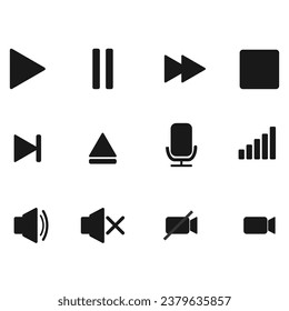 Audio, video, music player button icon. Sound control, play, pause button solid icon set. Camera, media control, microphone interface pictogram. Vector illustration.
