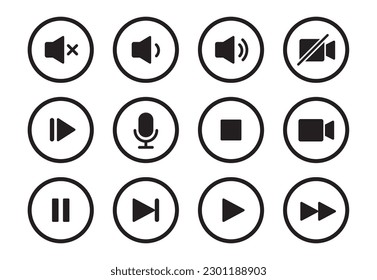 Icono de botón de círculo de audio, vídeo, reproductor de música. Control de sonido, juego, botón de pausa conjunto de iconos sólidos. Cámara, control de medios, pictograma de interfaz de micrófono. Ilustración vectorial.