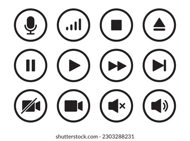 Audio, video, music player circle button icon. Sound control, play, pause button solid icon set. Camera, media control, microphone interface pictogram. Vector illustration.