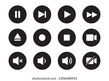 Audio, video, music player circle button icon. Sound control, play, pause button solid icon set. Camera, media control, microphone interface pictogram. Vector illustration.