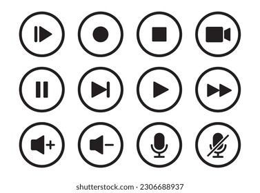 Audio, video, music player circle button icon. Sound control, play, pause button solid icon set. Camera, media control, microphone interface pictogram. Vector illustration.