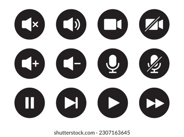 Audio, video, music player circle button icon. Sound control, play, pause button solid icon set. Camera, media control, microphone interface pictogram. Vector illustration.