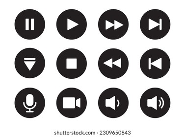 Audio-, Video-, Musik-Player-Circle-Symbol. Soundesteuerung, Wiedergabe, Pause-Taste fest Symbol gesetzt. Kamera, Mediensteuerung, Mikrofon-Schnittstellenpiktogramm. Vektorgrafik.