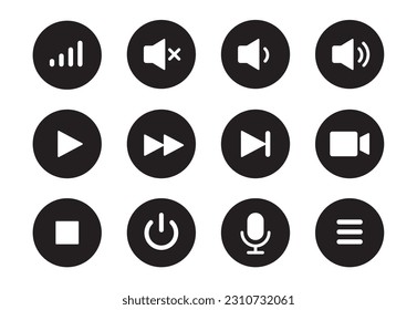 Audio, video, music player circle button icon. Sound control, play, pause button solid icon set. Camera, media control, microphone interface pictogram. Vector illustration.
