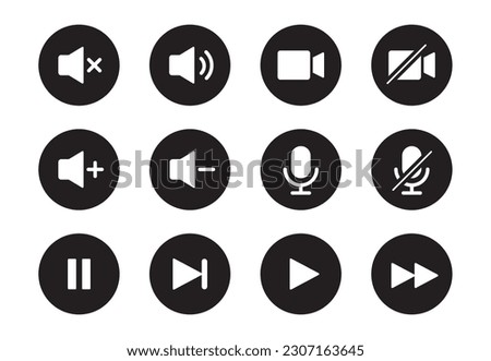 Audio, video, music player circle button icon. Sound control, play, pause button solid icon set. Camera, media control, microphone interface pictogram. Vector illustration.