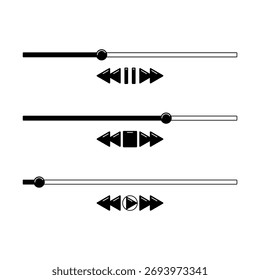 Audio or video player loading indicators with a time slider, pause, rewind, and fast-forward and stop buttons. Media player playback panel interface templates. In black colors. Vector illustration.