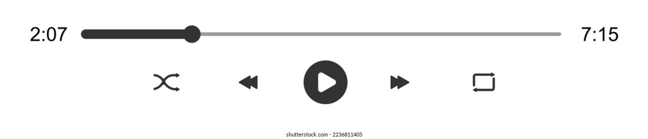 Audio or video player loading progress bar with timer slider. Play, shuffle, repeat, rewind and fast forward buttons. Template of media player playback panel interface. Vector graphic illustration