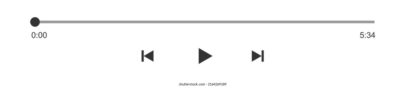 Audio or video player progress loading bar with time slider, play, rewind and fast forward buttons. Simple template of media player playback panel interface. Vector graphic illustration svg