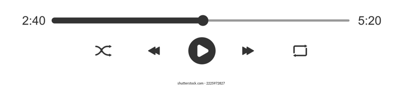 Barra de carga de progreso del reproductor de audio o vídeo con deslizador de tiempo. Reproducir, arrastrar, repetir, rebobinar y avanzar rápidamente. Plantilla de la interfaz del panel de reproducción del reproductor de medios. Ilustración gráfica del vector