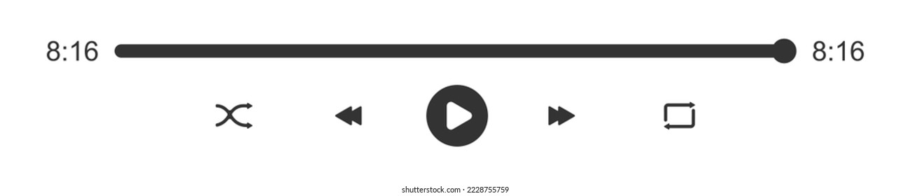 Audio or video player progress loading bar with time duration slider. Play, shuffle, rewind, fast forward, repeat buttons. Mediaplayer playback widget isolated on white background. Vector illustration