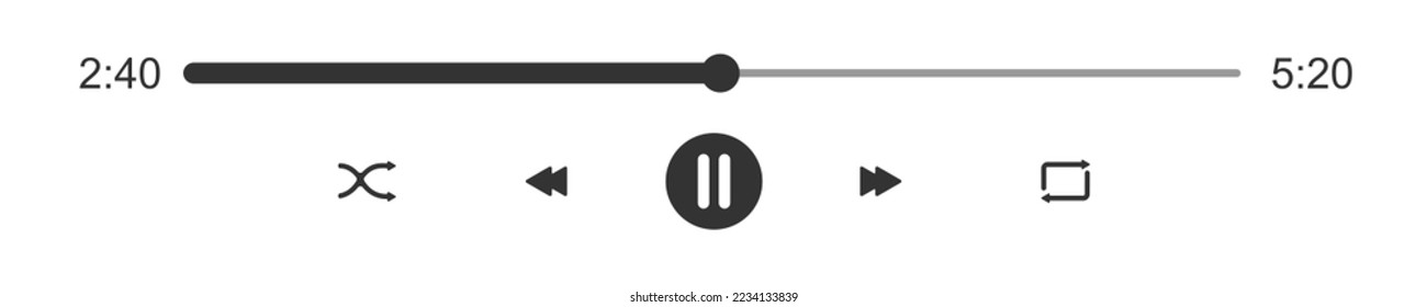 Audio or video player progress loading bar with time slider. Pause, shuffle, repeat, rewind and fast forward buttons. Template of mediaplayer playback panel interface. Vector graphic illustration