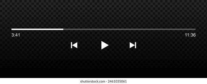 Audio or video player progress loading bar with time slider, play, rewind and fast forward buttons. Element of mediaplayer playback panel interface in mobile app. Vector graphic illustration.