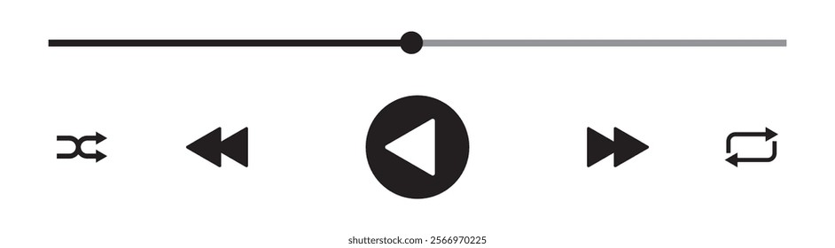 Audio or video player progress loading bar with time slider, play, rewind and fast forward buttons. Simple template of media player playback panel interface.