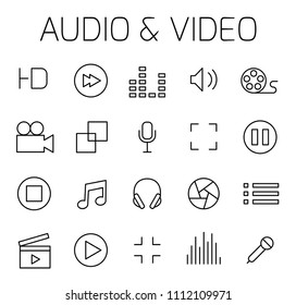 Audio and video related vector icon set. Well-crafted sign in thin line style with editable stroke. Vector symbols isolated on a white background. Simple pictograms.