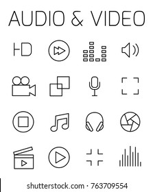Audio and video related vector icon set. Well-crafted sign in thin line style with editable stroke. Vector symbols isolated on a white background. Simple pictograms.