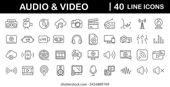 Audio Video set of web icons in line style. Music and Video icons for web and mobile app. Podcast, video media player, radio, song. Vector illustration