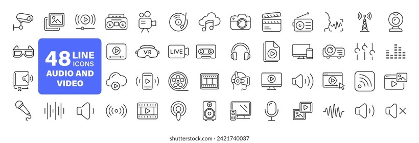 Audio Video set of web icons in line style. Music and Video icons for web and mobile app. Podcast, video media player, radio, song. Vector illustration