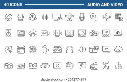 Video Conjunto de iconos web en estilo de línea. Video Música e íconos para el Web y el App móvil. Video Podcast, reproductor multimedia, radio, canción. Ilustración vectorial