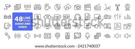 Audio Video set of web icons in line style. Music and Video icons for web and mobile app. Podcast, video media player, radio, song. Vector illustration