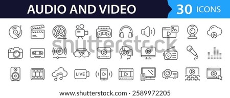 Audio Video set of web icons in line style. Music and Video icons for web and mobile app. Podcast, video media player, radio, song. Vector illustration