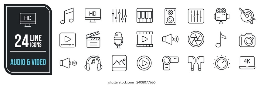 Audio and video simple minimal thin line icons. Related media player, multimedia, music, entertainment. Vector illustration.