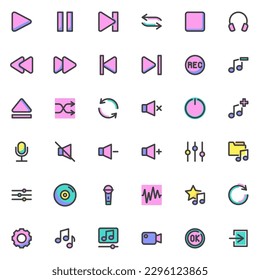 Audio and video UI filled outline icons set, line vector symbol collection, linear colorful pictogram pack. Signs logo illustration, Set includes icons as music player interface, media control buttons