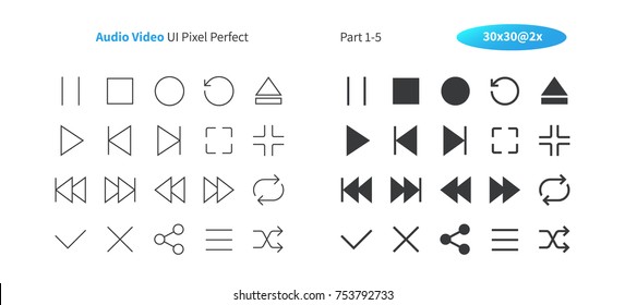 Audio-Video-UI Pixel perfekt gut gestaltete Vektorgrafik-Thin Line und Solid-Icons 30 2x Grid für Web-Grafiken und Apps. Einfaches Minimal-Piktogramm Teil 1-5