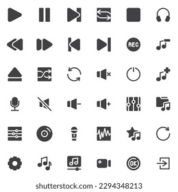 Audio and video UI vector icons set, modern solid symbol collection, filled style pictogram pack. Signs, logo illustration. Set includes icons as music player interface, media control buttons, video