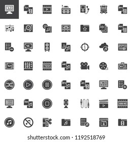 Audio and video vector icons set, modern solid symbol collection, filled style pictogram pack. Signs, logo illustration. Set includes icons as Radio, Media player, Music note Stave, Vinyl Turntable